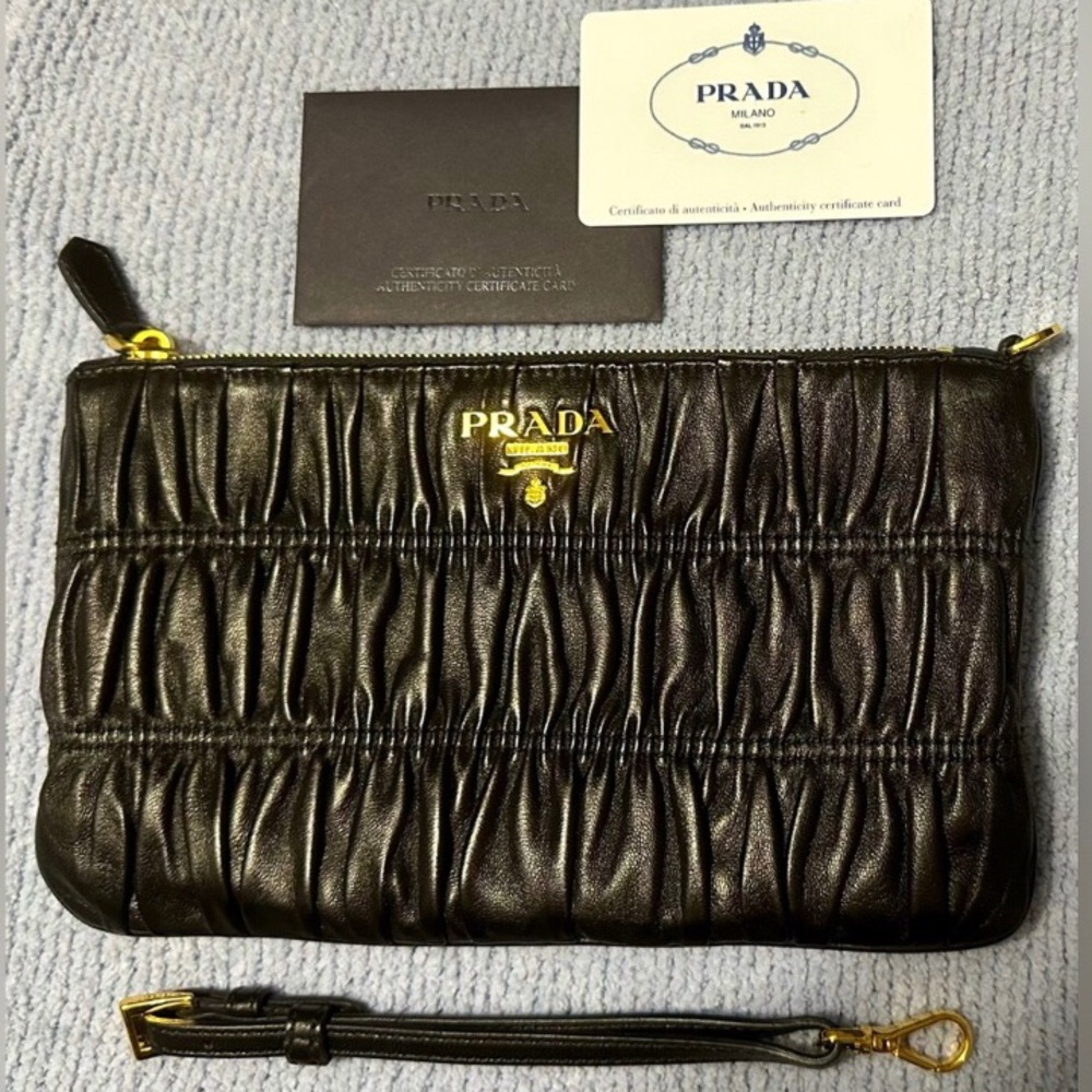 PRADA Authentic Nappa Black Leather Wristlet